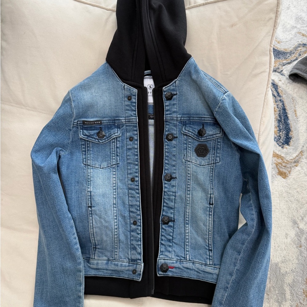 Philipp Plein Blue Denim Jacket with Black Hoodie